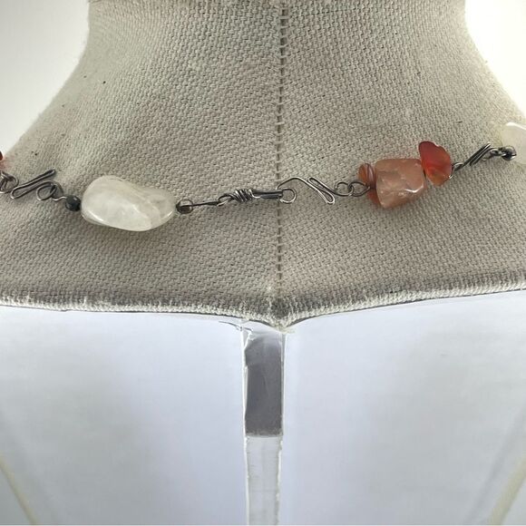 Vintage Agate Quartz Aventurine Gemstone Nugget Beaded Necklace Silver Tone - Picture 6 of 8